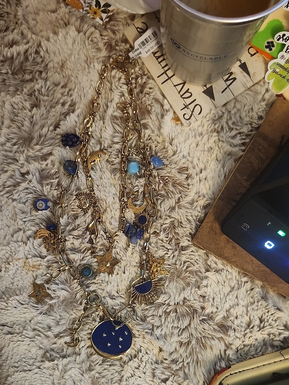 Free People Star Girl Maxamillion Gold Multi-Layer Necklace with Blue Charms - Picture 1 of 6
